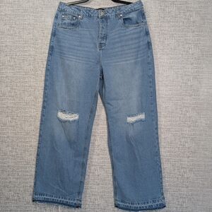 BoohoomanTrendy Blue Distressed Boyfriend Jeans. Size 34-New with tag. Wide Leg.